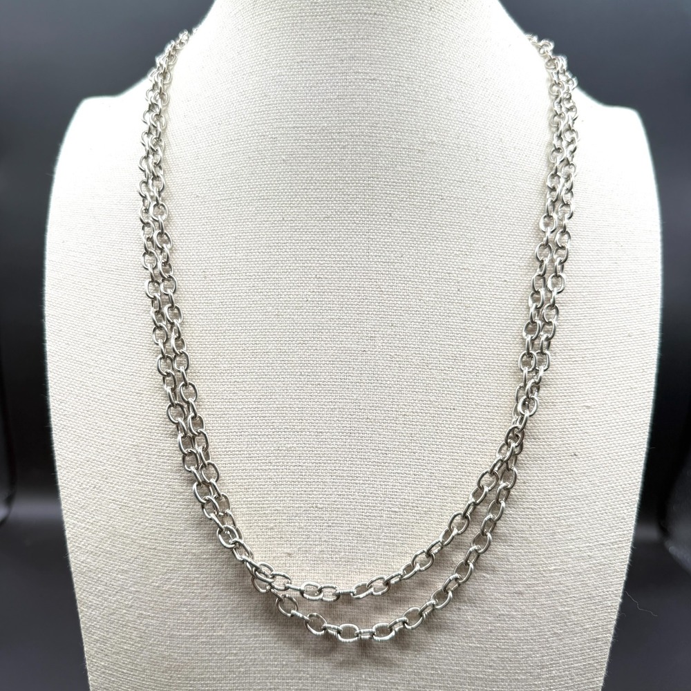 Silver Tone Double Strand Chain Necklace Chunky Layering Minimalist Statement